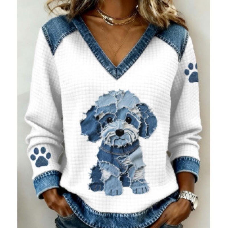 3D Print Colorblock Denim Collar Pullover Sweatshirt Women's Long Sleeve Loose Fit
