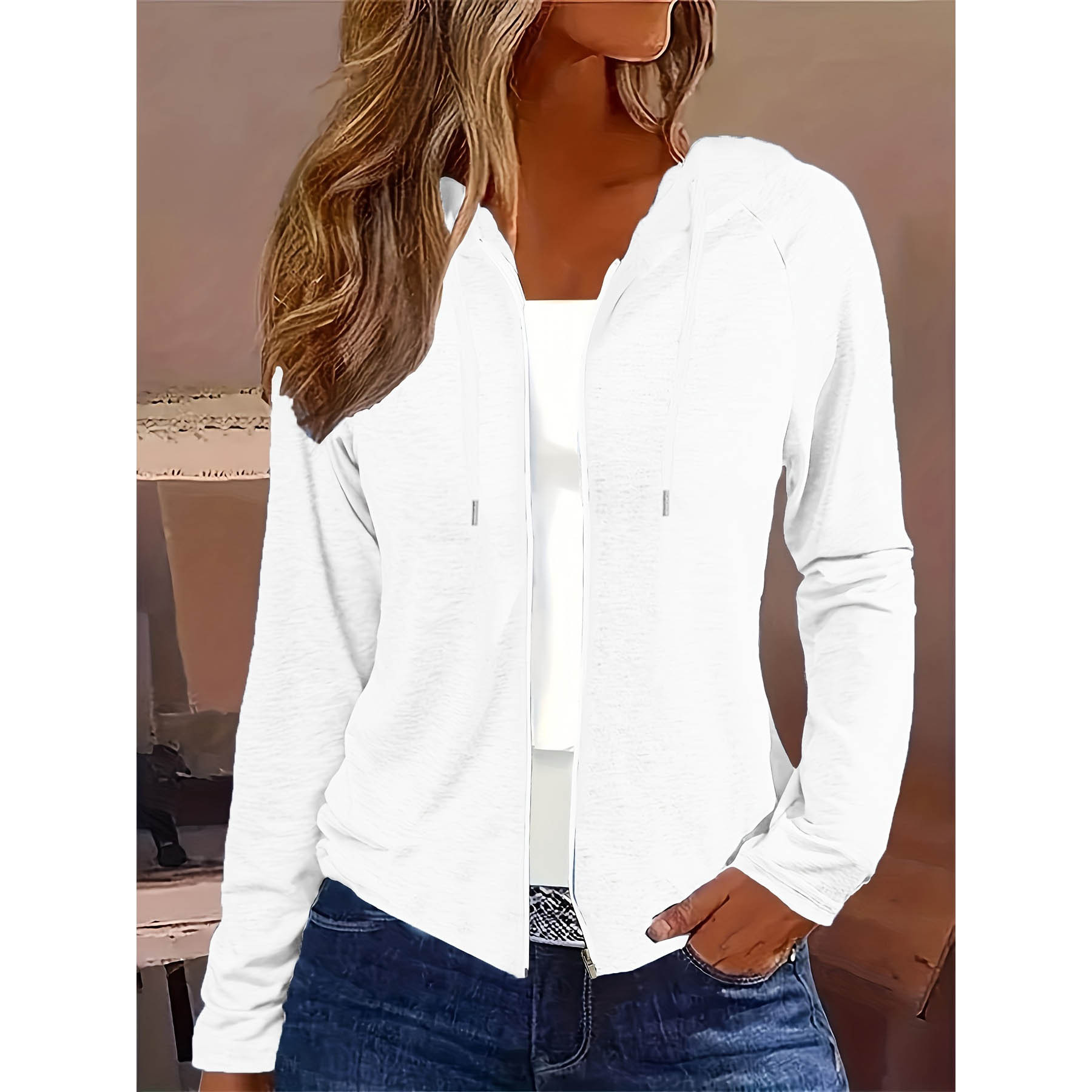 Women's Solid Zip-Up Hooded Cardigan Sweatshirt Long Sleeve Casual