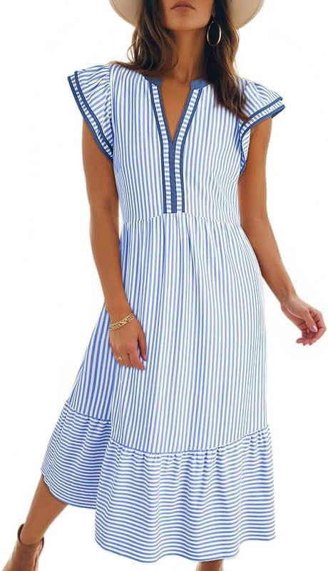 Colorblock Striped V-Neck Flutter Sleeve Cinched Waist Long Dress