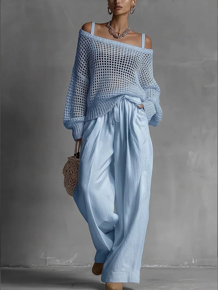 Women's Open-Knit Top and Cotton-Linen Pants Two-Piece Set