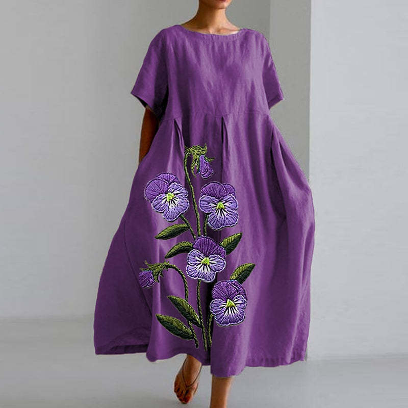 Women's Vintage Floral Print A-Line Midi Dress with U-Neck and Short Sleeves