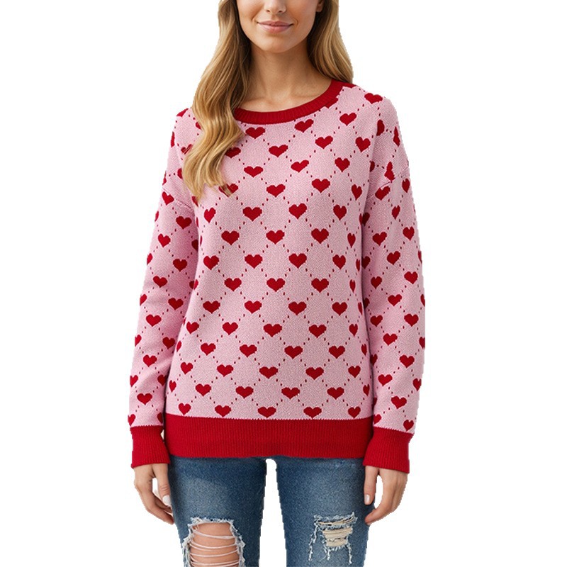 Women's Loose Oversized Heart Colorblock Crewneck Pullover Sweater