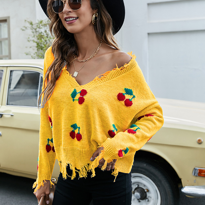 Women's Loose Cropped V-Neck Fringe Knit Sweater