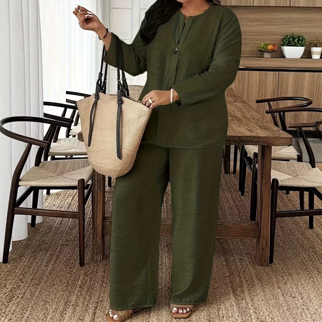 Women's Long Sleeve Cardigan & Wide-Leg Pants Two-Piece Set Solid Color Casual Elegant