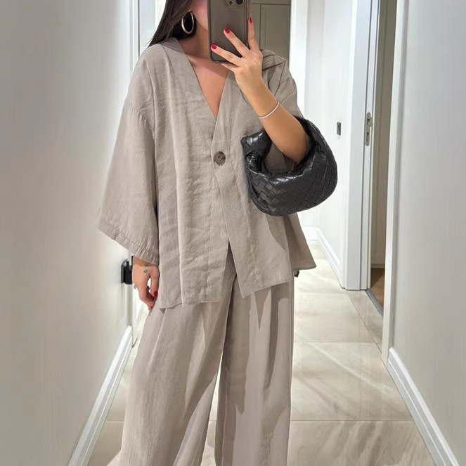 Women's V-Neck Top and Wide-Leg Pants Casual Set