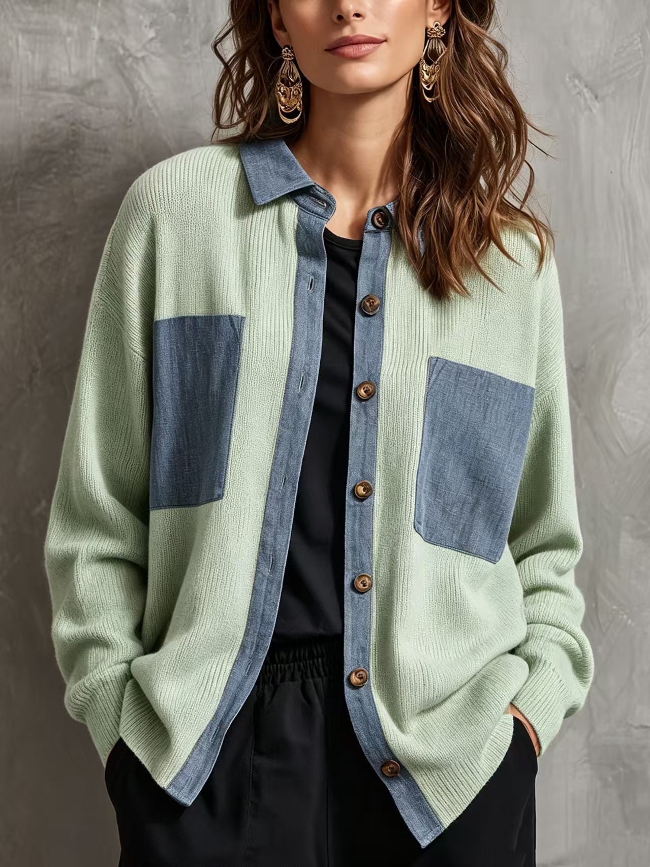 Color-Block Denim-Trim Knit Cardigan with Wood Buttons