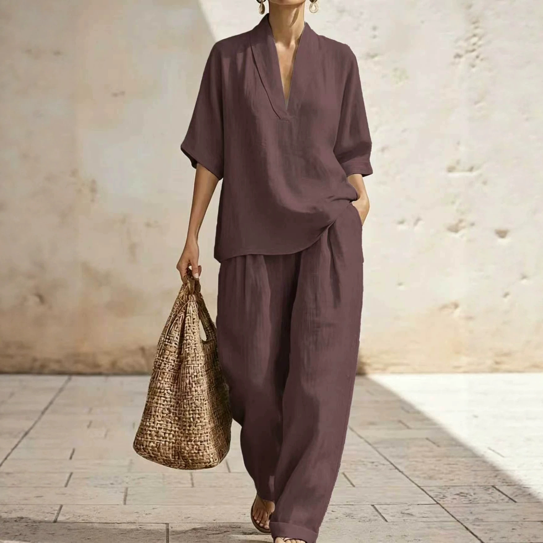 V-Neck Short Sleeve Top & Wide-Leg Pants Set Casual Solid Color