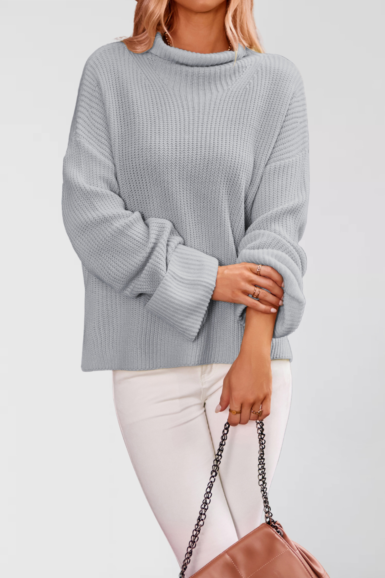 Women's Solid Color Flared Sleeve Crewneck Knit Sweater