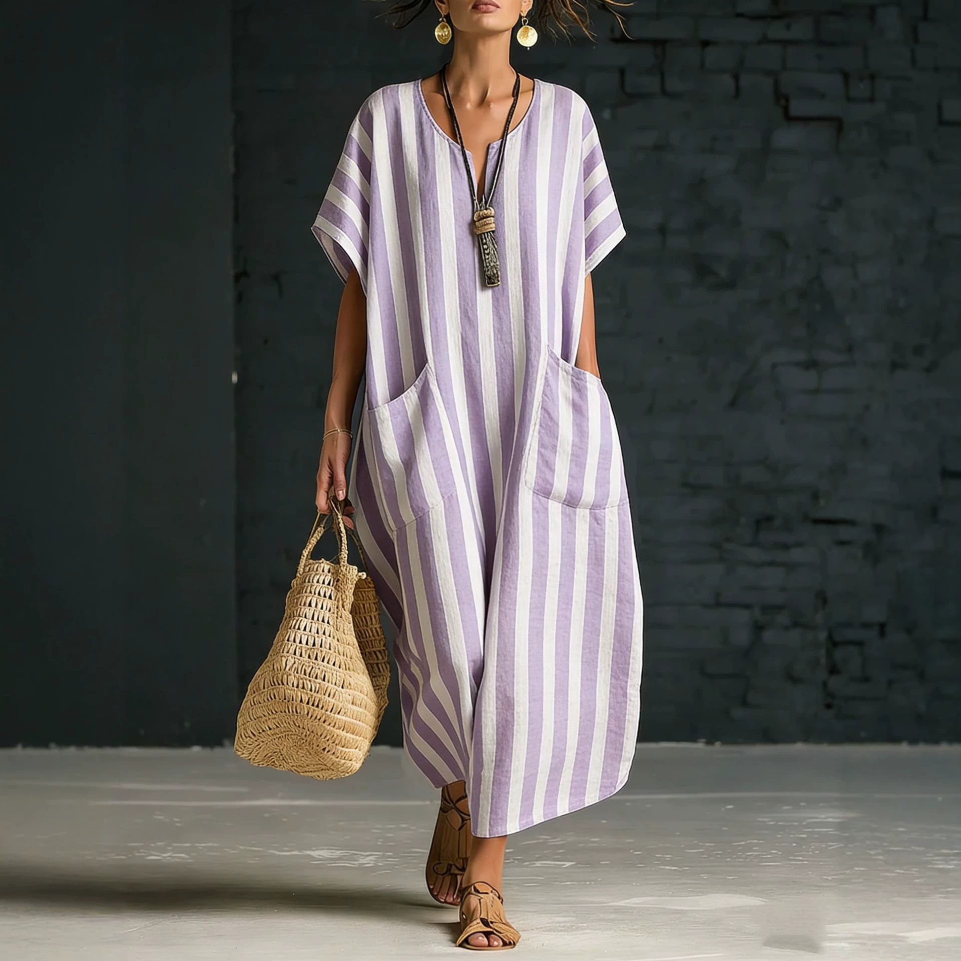 Women's Loose V-Neck Striped Print Dress with Pockets
