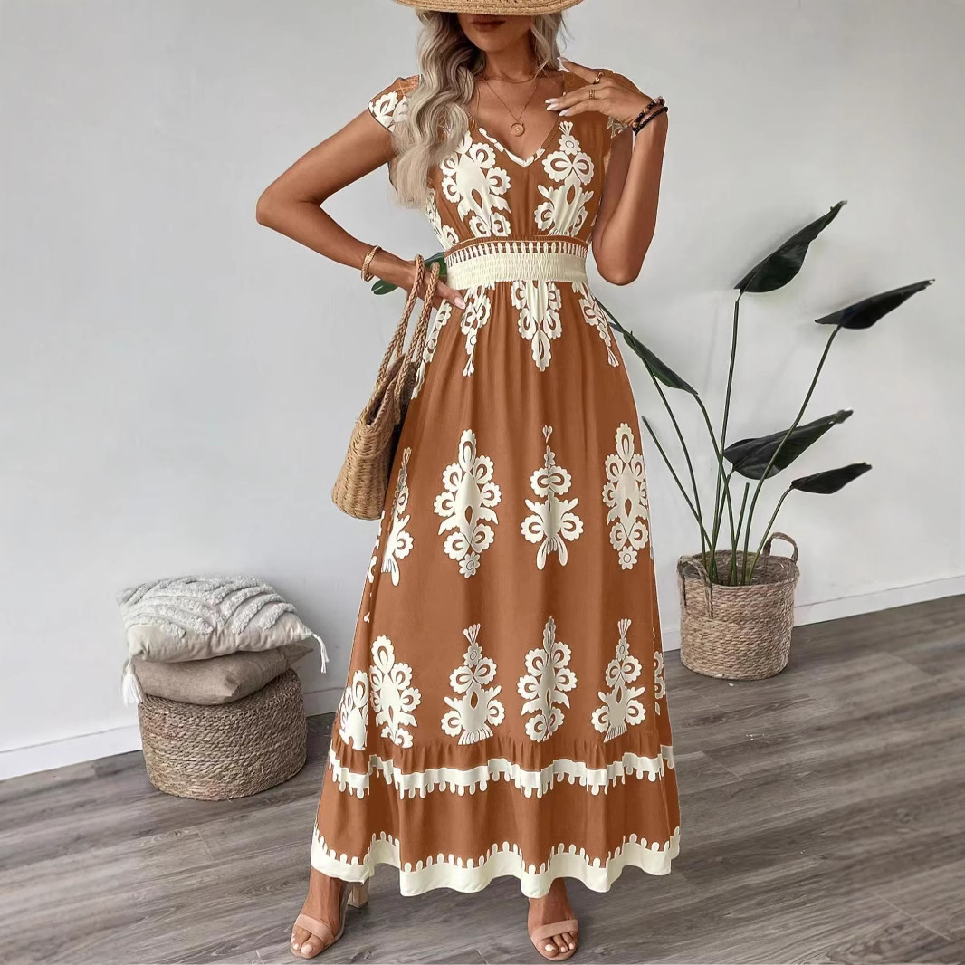 Women's Floral Print V-Neck Midi Dress with Waist Tie