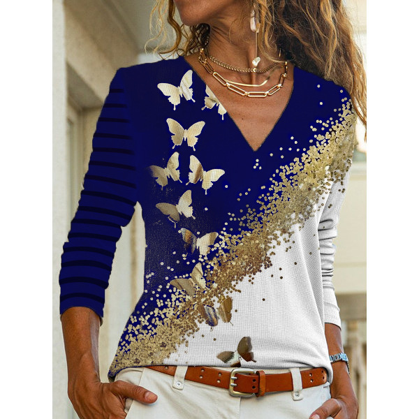 Women's V-Neck Floral Print Long-Sleeve T-Shirt Casual Loose Fit