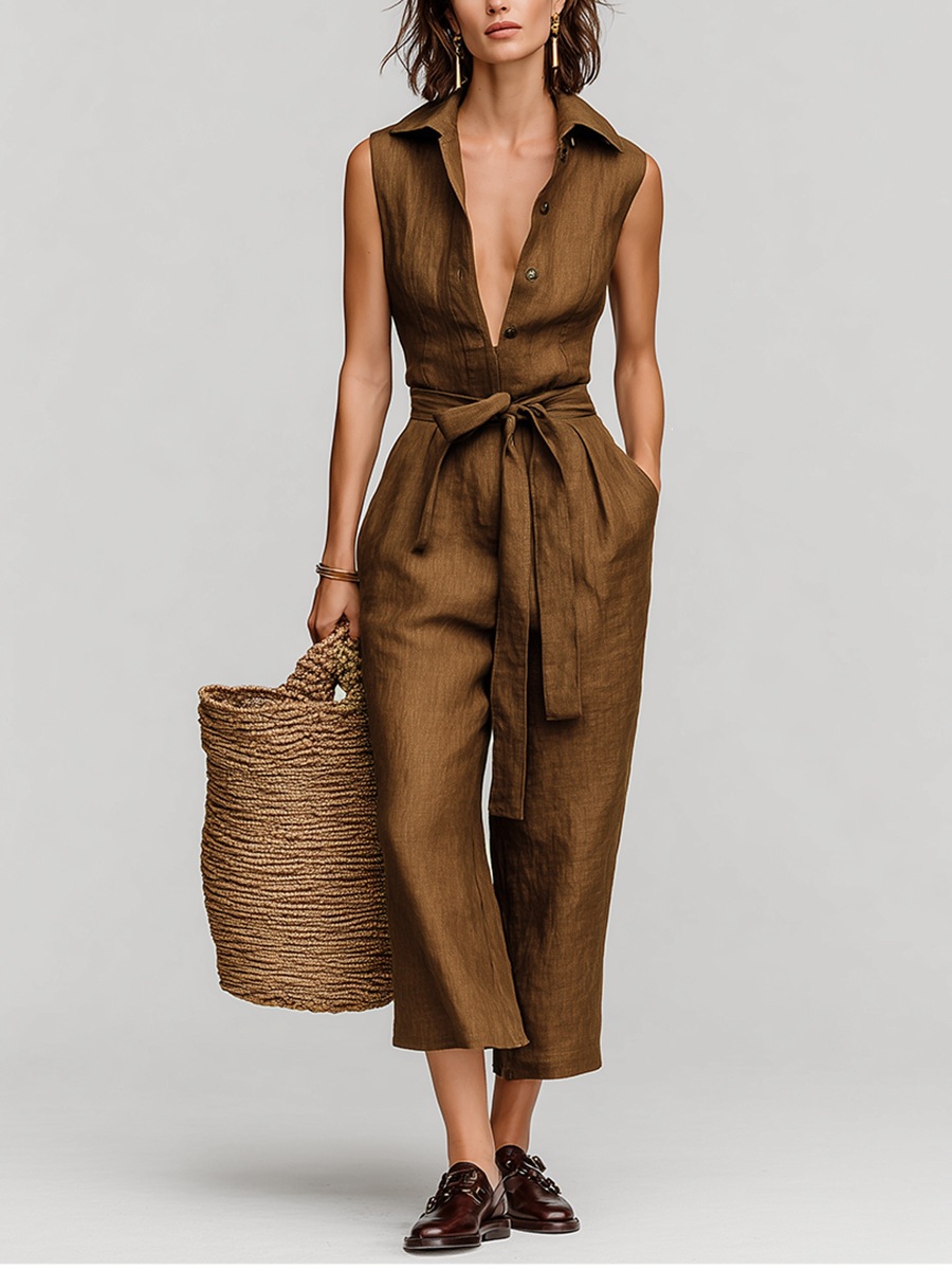 Sleeveless V-Neck Belted Wide-Leg Cropped Jumpsuit