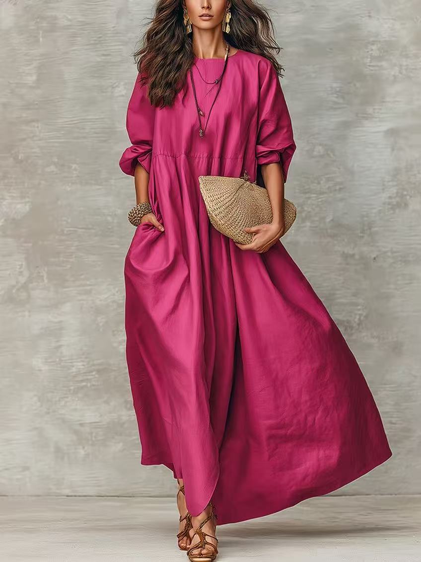 Crewneck Long Sleeve Loose A-Line Midi Dress with Pockets