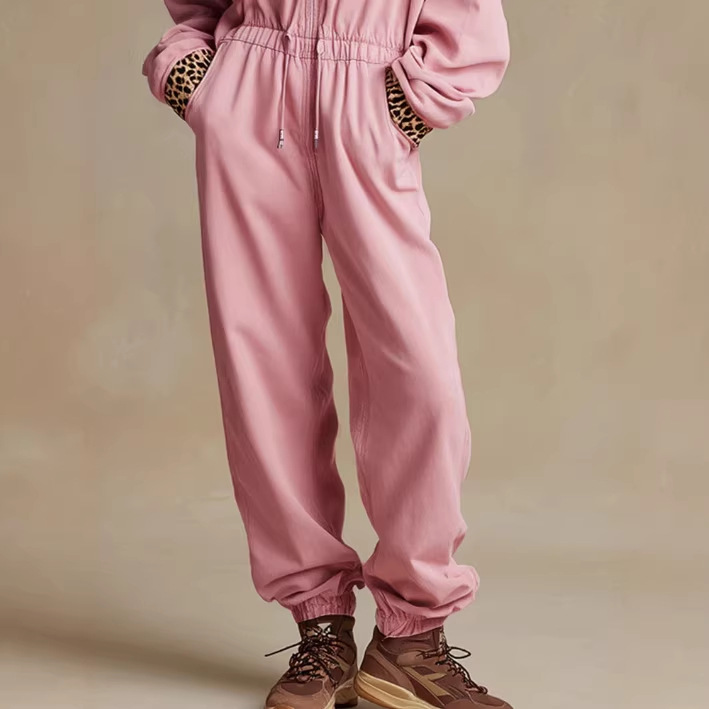 Pink Leopard Print Long Sleeve Jumpsuit