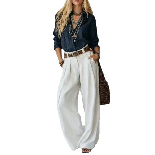 Women's Cotton-Linen Long-Sleeve Casual Pants Set with Shirt, Color-Block, No Belt