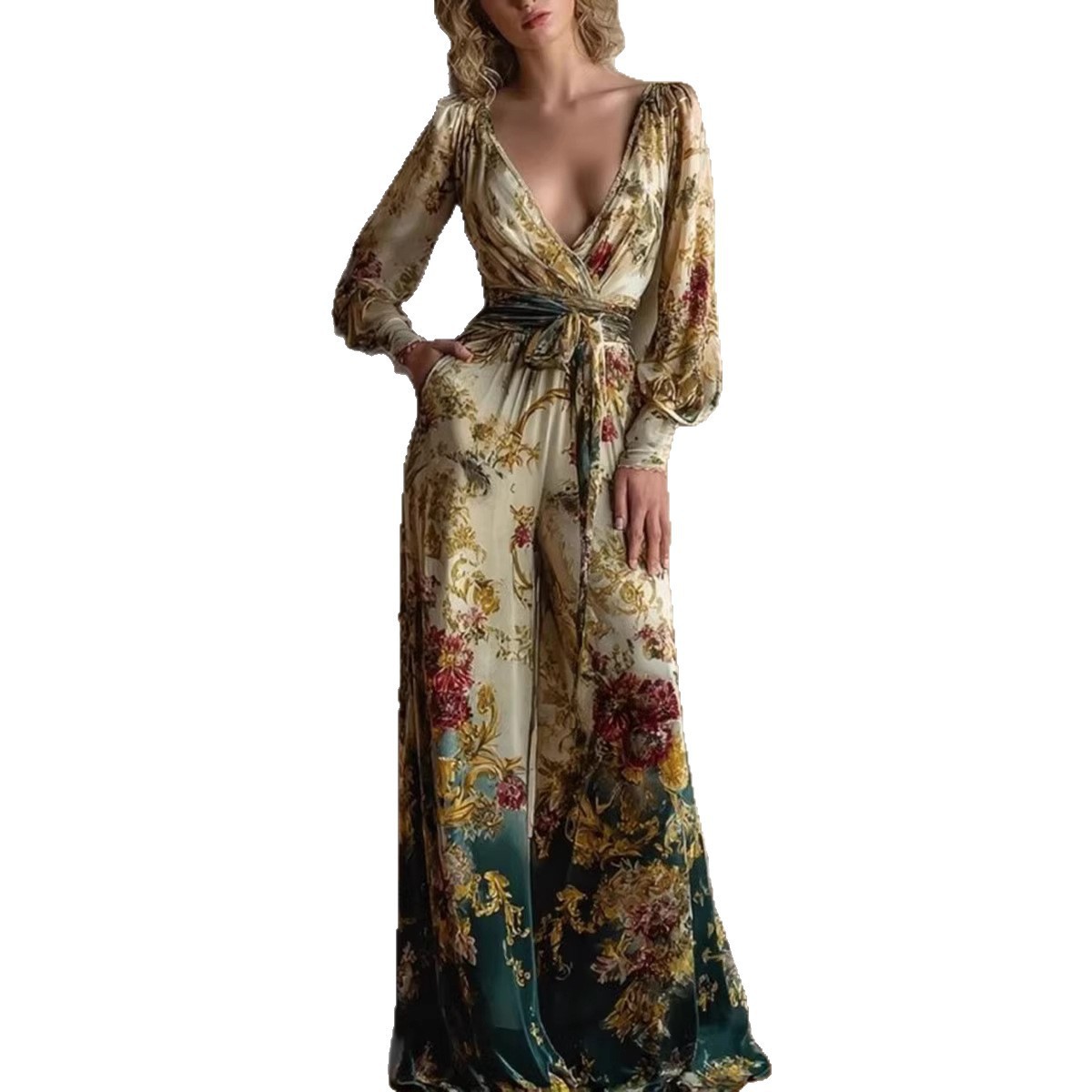 Women's Deep V Lantern Sleeve Floral Print Tie Wide Leg Jumpsuit