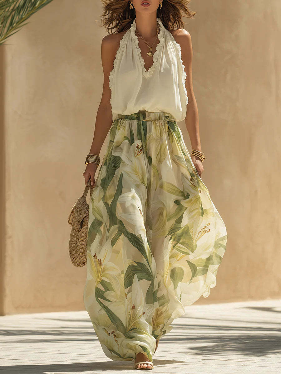 V-Neck Waist-Cinching Ruffle Floral Dress