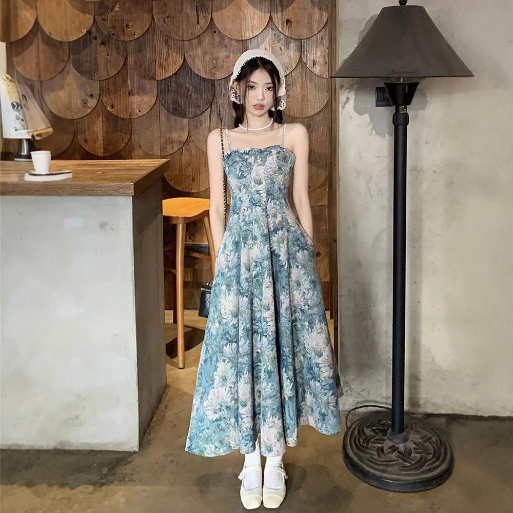 French Vintage Oil Painting Floral Cami Dress Two-Piece Set