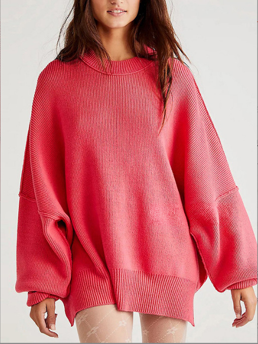 Women's Crewneck Batwing Sleeve Side Slit Loose Knit Sweater