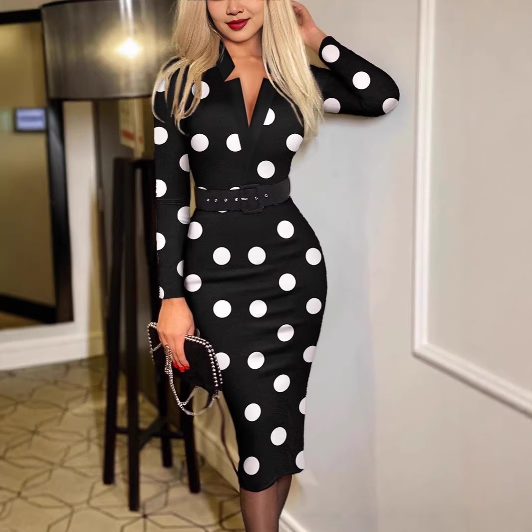 Plaid V-Neck Bodycon Long Sleeve Dress with Belt