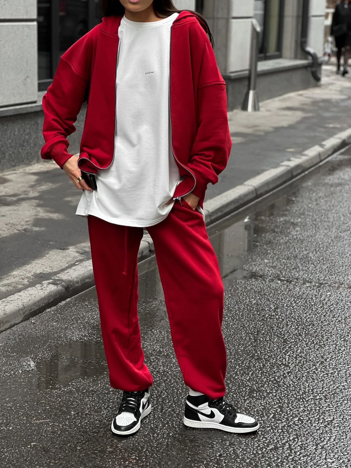 Women's American-Style Zip-Up Hooded Cardigan and Pants Two-Piece Set