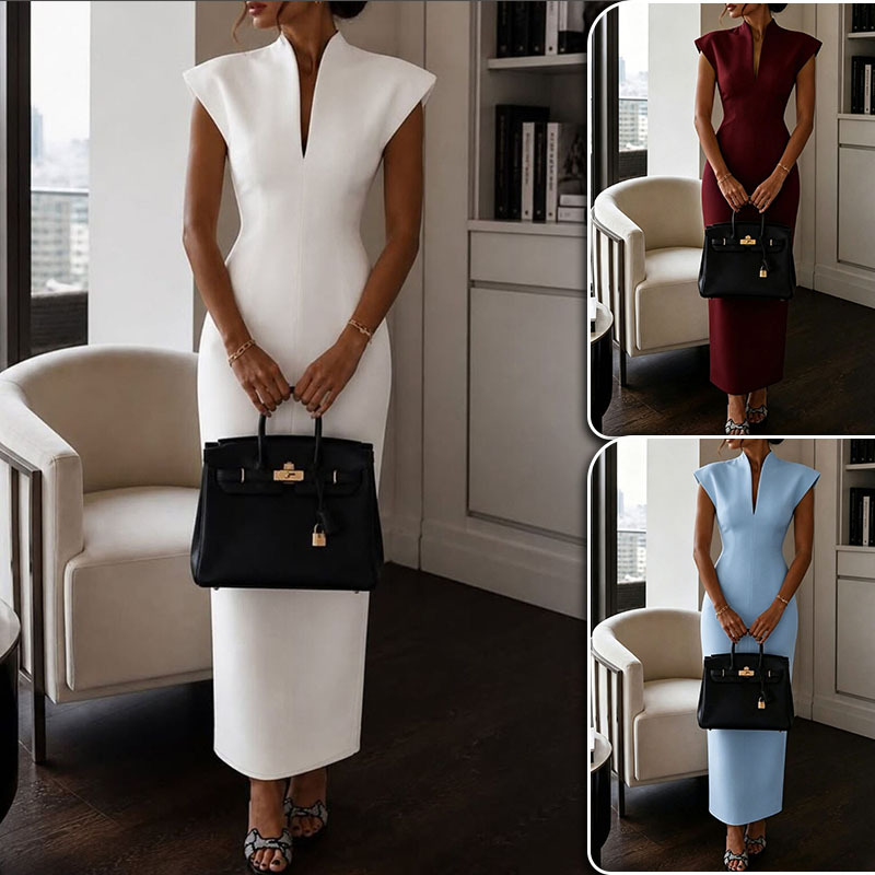 Women's Sleeveless Bodycon Dress with Stand Collar High Waist