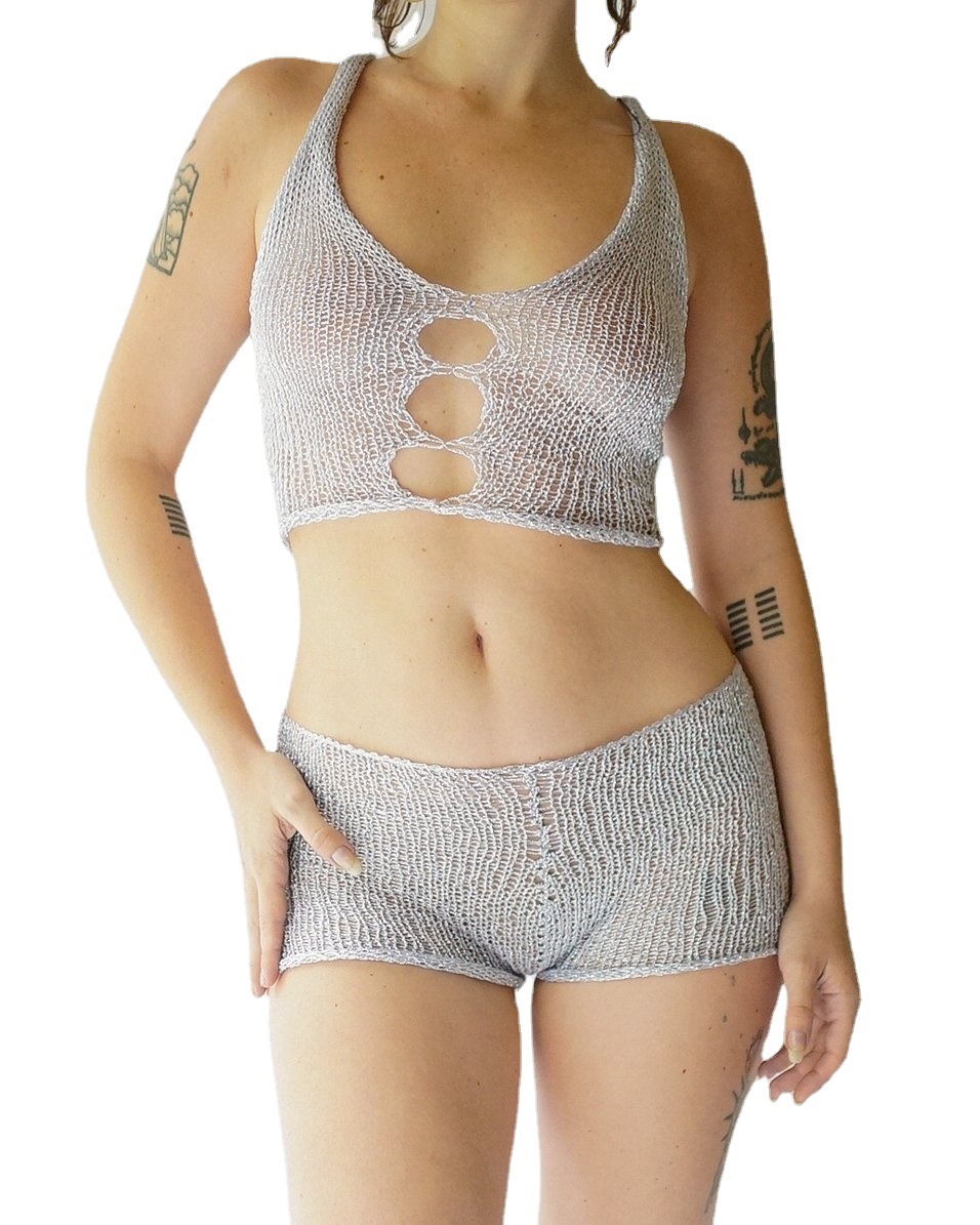Women's Sexy Sleeveless Hollow Out Crop Top and Shorts Knit Set