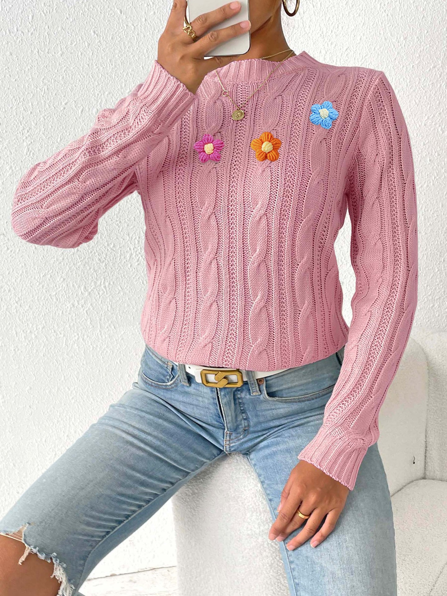 Women's Round Neck Pullover Sweater with Hand-Crochet Floral Appliqué