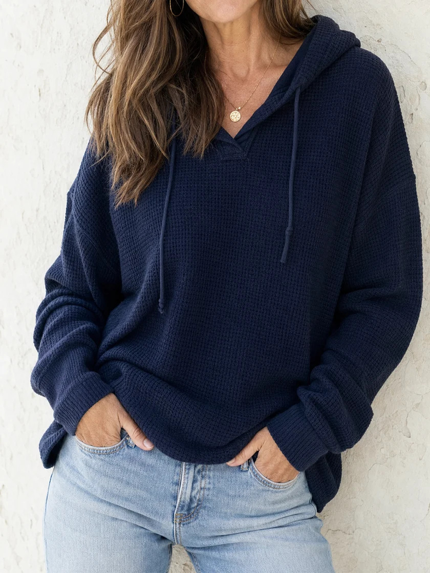 Women's Solid Color Waffle Knit Drawstring Hooded Pullover Sweatshirt