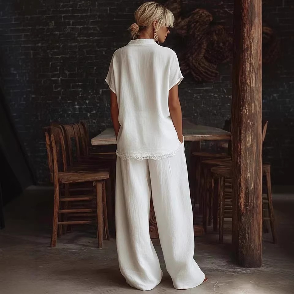 Women's Linen-Blend Short-Sleeve Shirt & Wide-Leg Pants Two-Piece Set