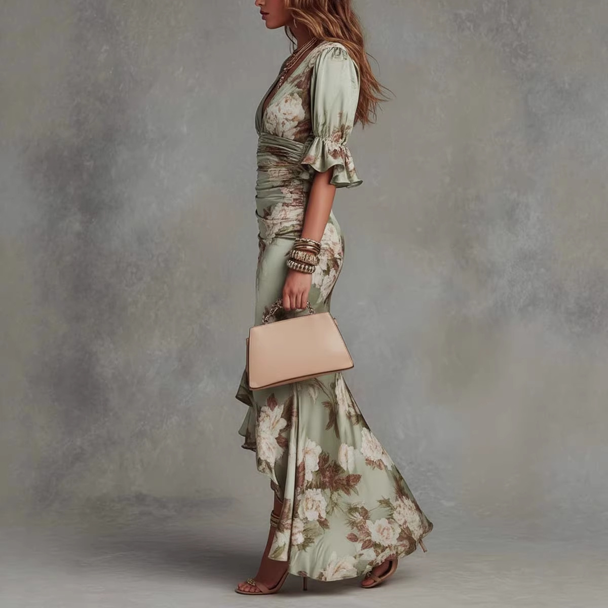 V-Neck Floral Ruffle Hem Midi Dress