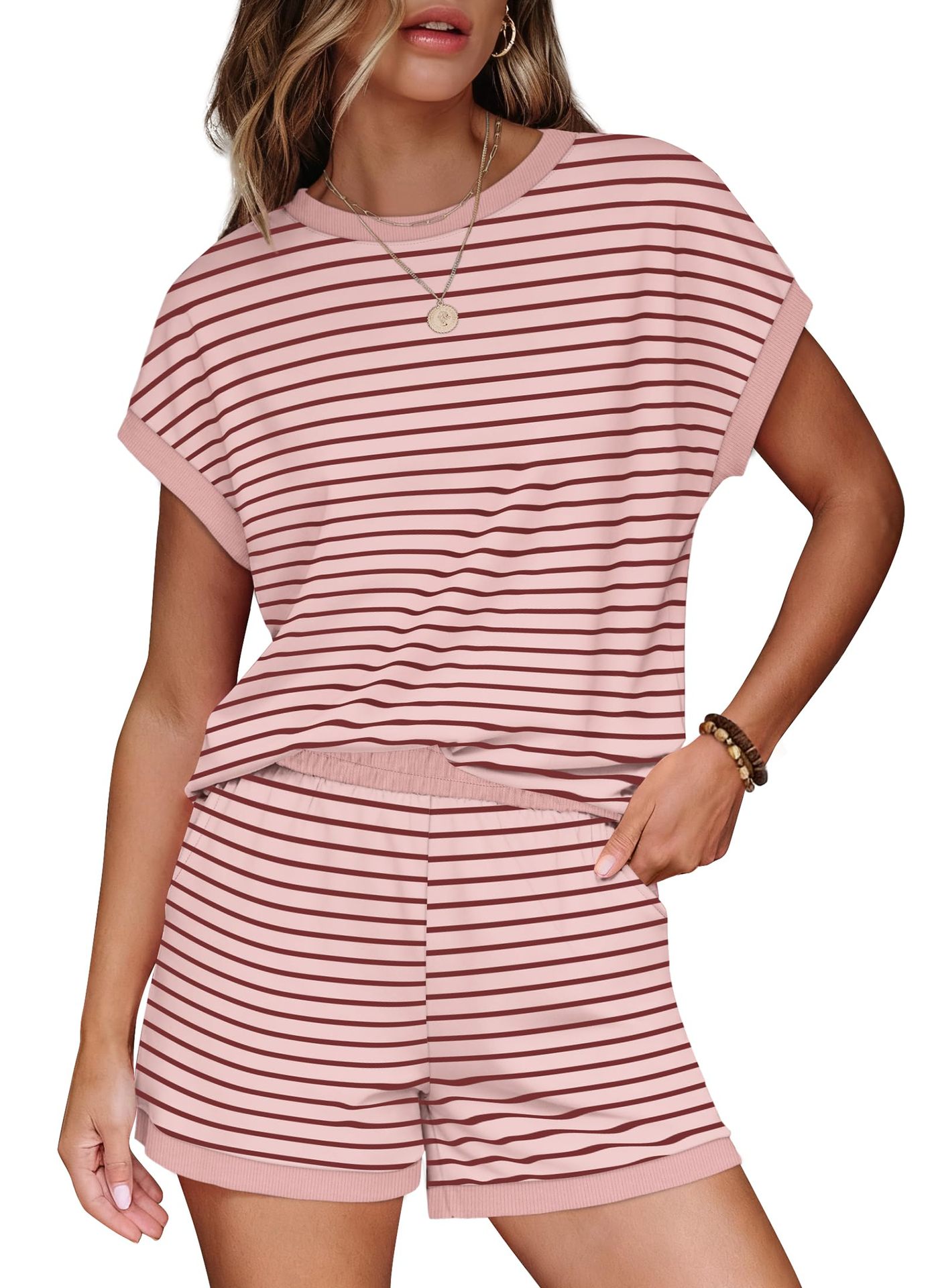 Women's Striped Two-Piece Lounge Set with Round Neck and Short Sleeves