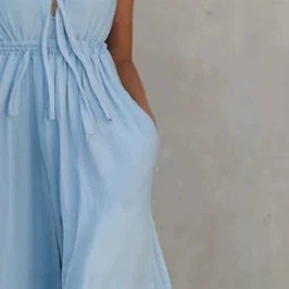 Retro Blue Off-Shoulder V-Neck Sleeveless Long Dress