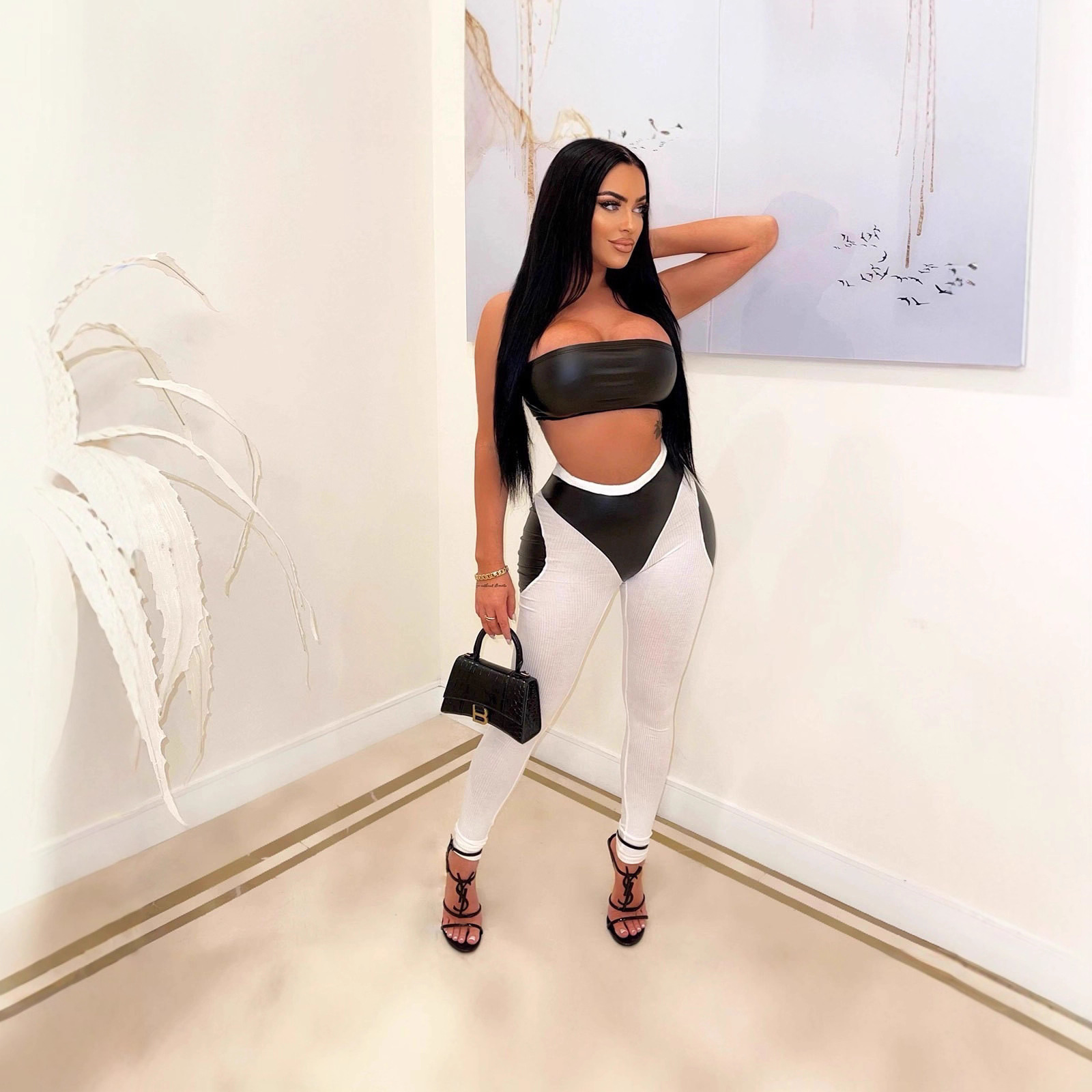 Women's Sexy Colorblock Two-Piece Set Tube Top PU Leather Pants Slim Fit