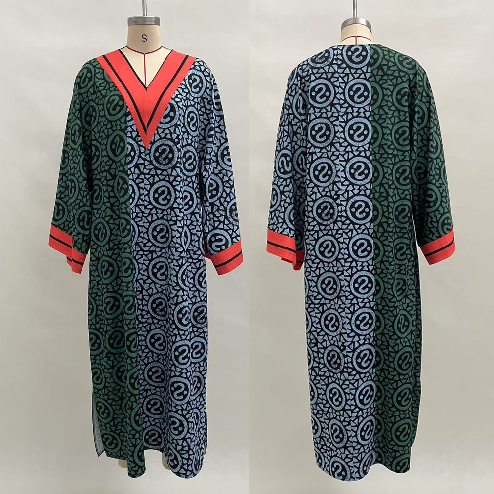 Women's V-Neck Digital Print Colorblock Long Sleeve Long Dress