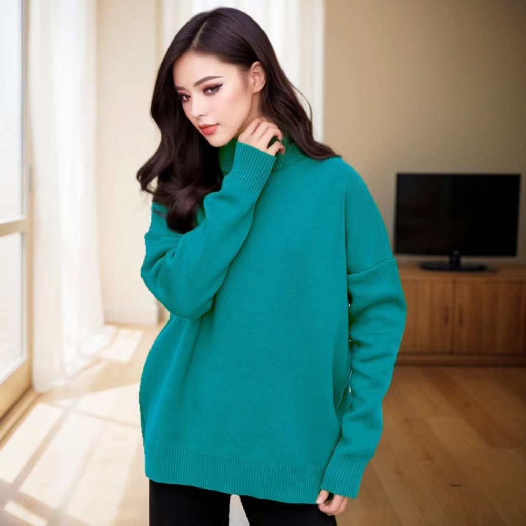 Women's Multi-Color Ribbed Turtleneck Knit Sweater Loose Lazy Style