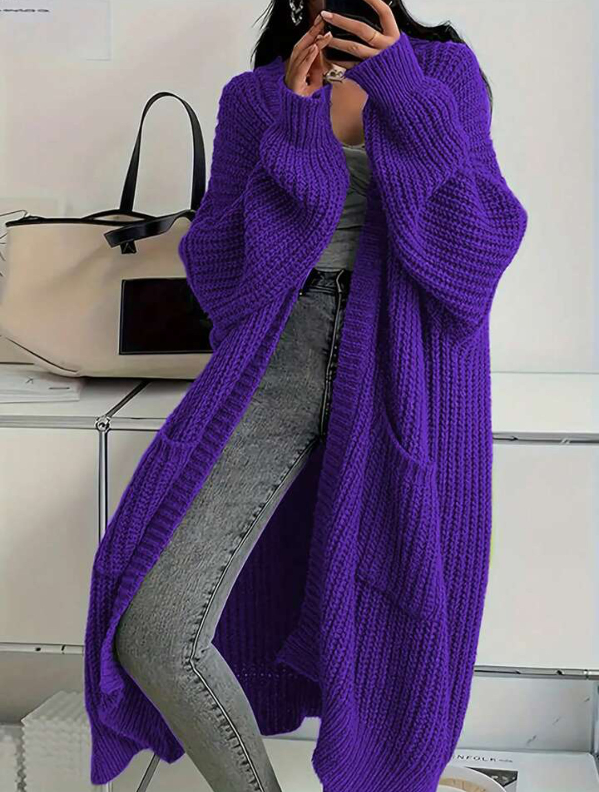 Women's Long Over-Knee Knit Cardigan Loose V-Neck Open Front Sweater Coat