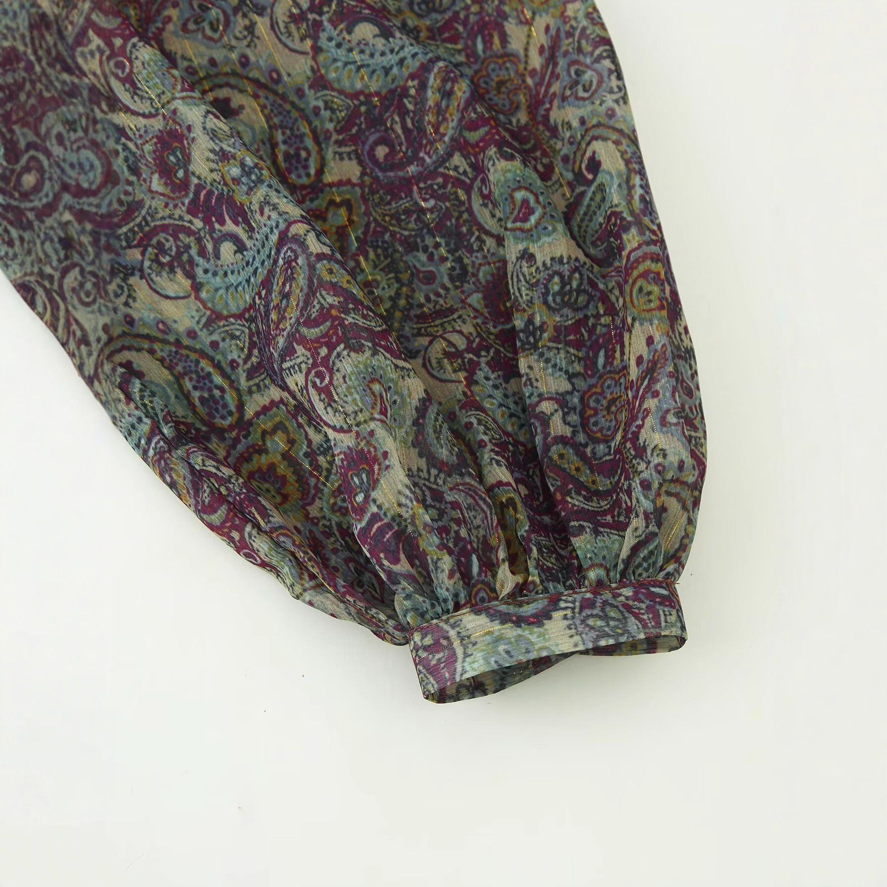 Metallic Floral Print Mini Dress with Long Sleeves and High Waist