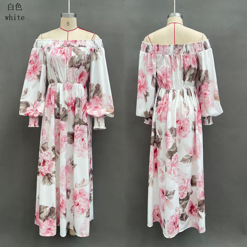 Floral Print Off-Shoulder Lantern Sleeve Midi Dress