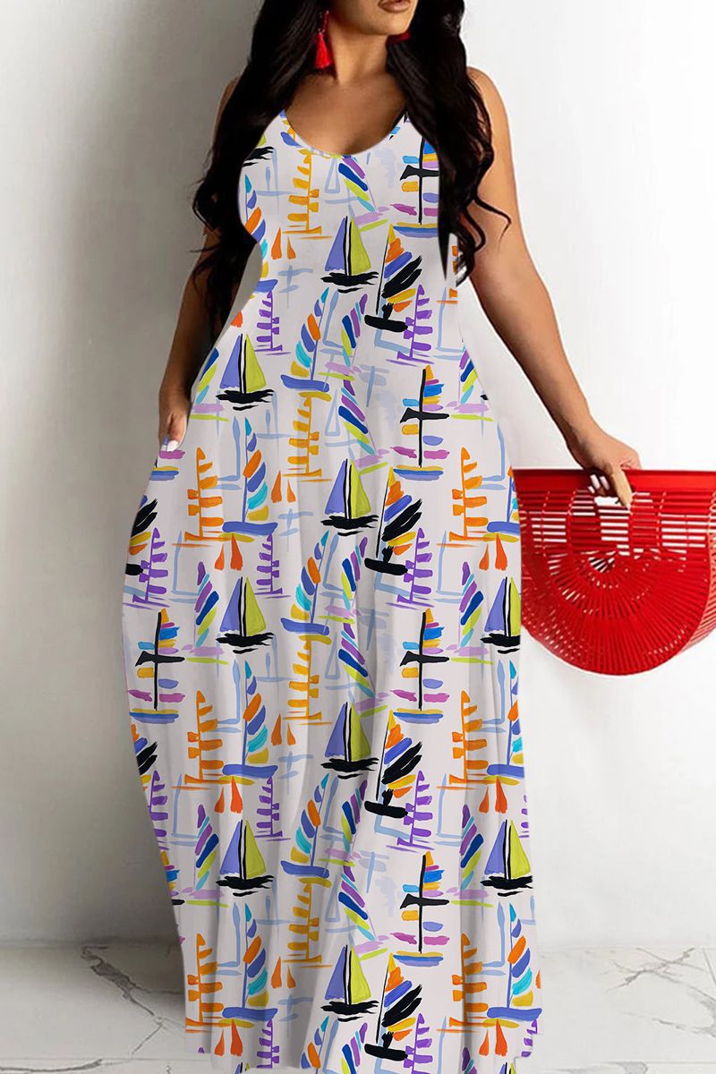 Women's Printed Deep V-Neck Sleeveless Maxi Dress