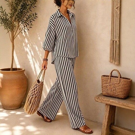 Striped Collared Lantern-Sleeve Shirt & Wide-Leg Pants Two-Piece Set