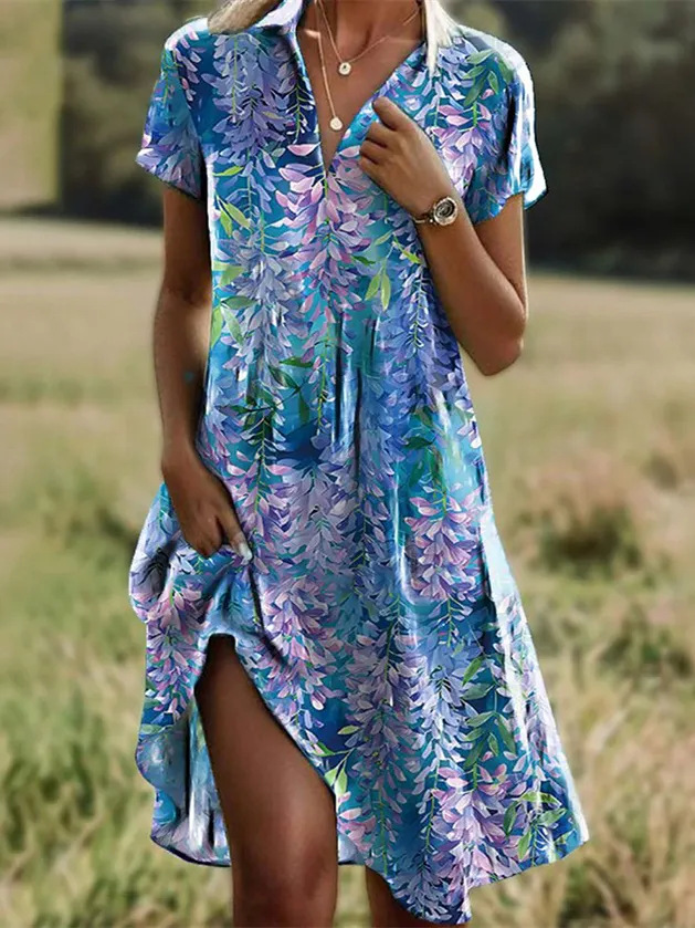 Women's Floral Print Casual Midi Dress Short Sleeve Deep V-Neck Slim Fit