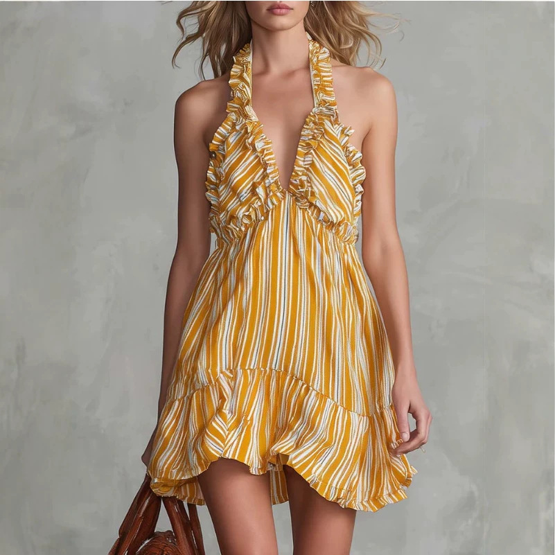 Retro Off-Shoulder V-Neck Striped Chiffon Mini Dress