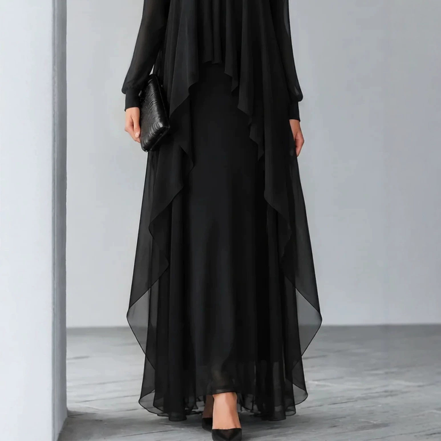 Black Stand Collar Chiffon Faux Two-Piece Long Dress with Ruffle Trim