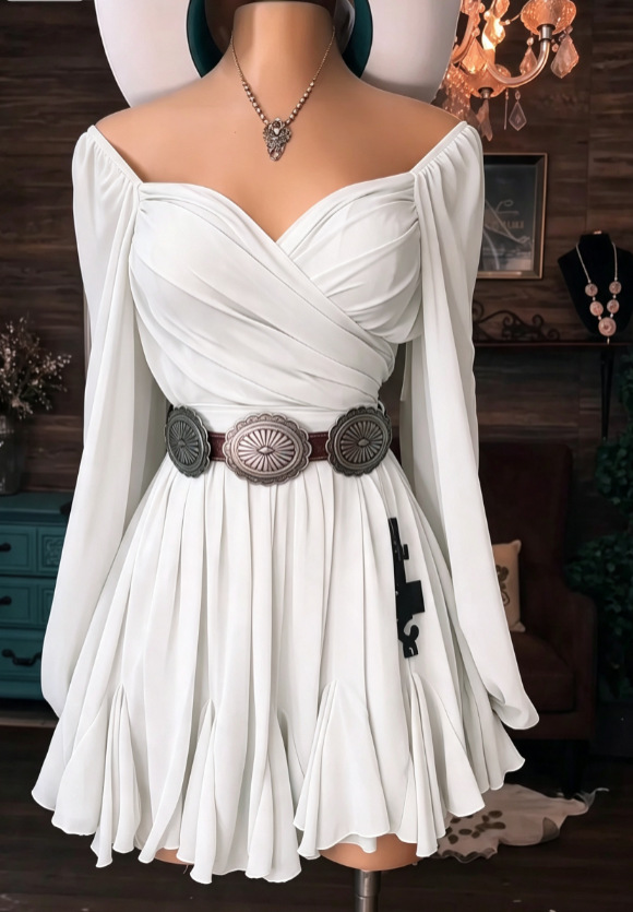 Western-Style Sheer Mesh Long-Sleeve Ruched Dress with Strapless Bodice