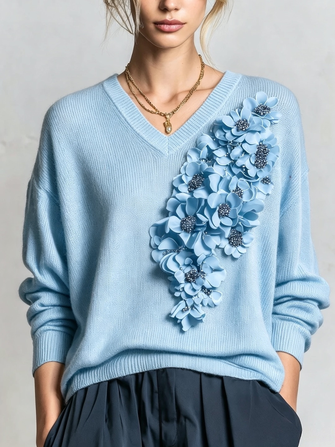 3D Floral V-Neck Knit Sweater