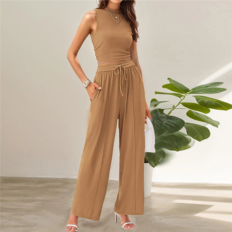 Sleeveless Knit Two-Piece Set with Fitted Top and Wide-Leg Pants