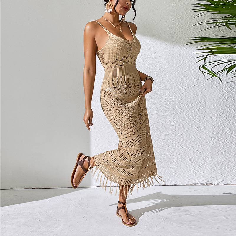 Sleeveless V-Neck Fringe Knit Maxi Dress