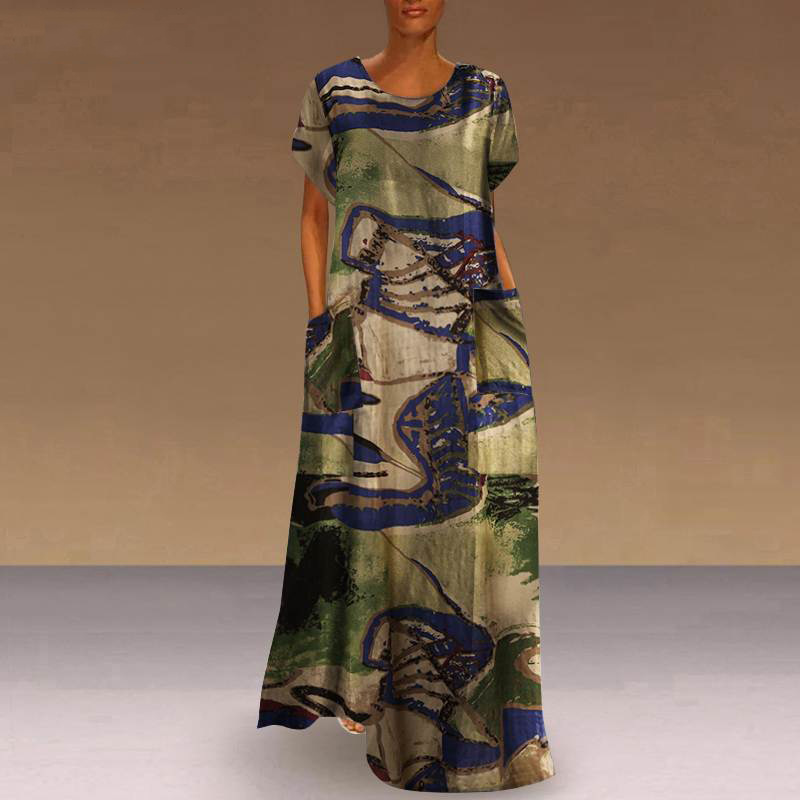 Women's Floral Print Long Dress Round Neck Short Sleeve Casual A-Line with Pockets