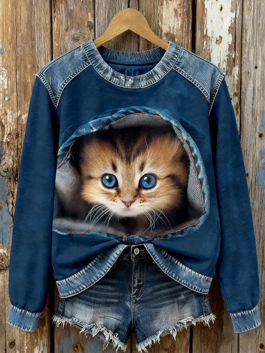Women's Striped Paw Print Tribal Graphic Crewneck Sweatshirt